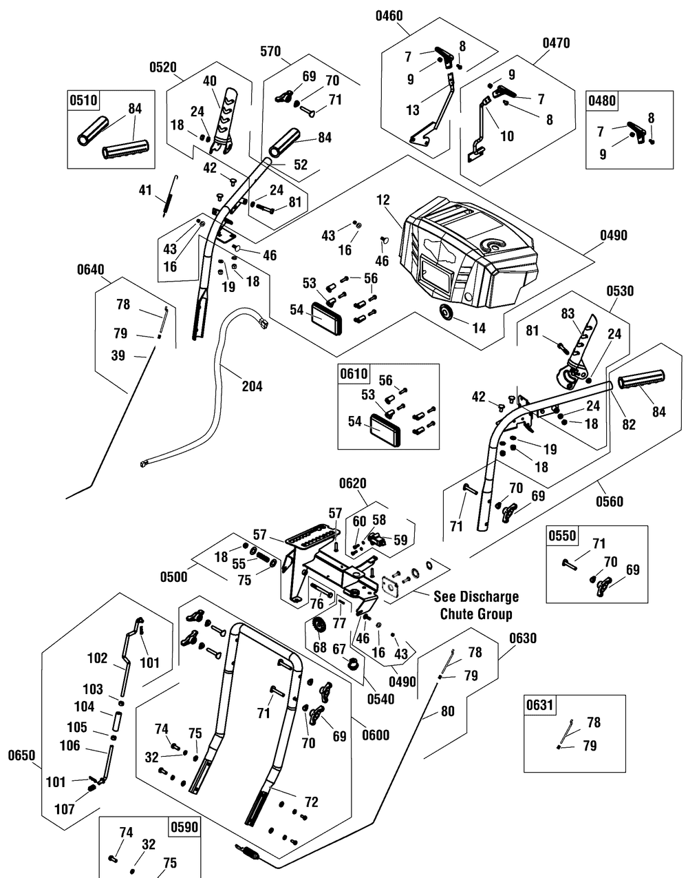 Handles And Controls Group (1696614handle) Diagram and Parts List for 1696618-00-S1024  Briggs and Stratton Snow Blower